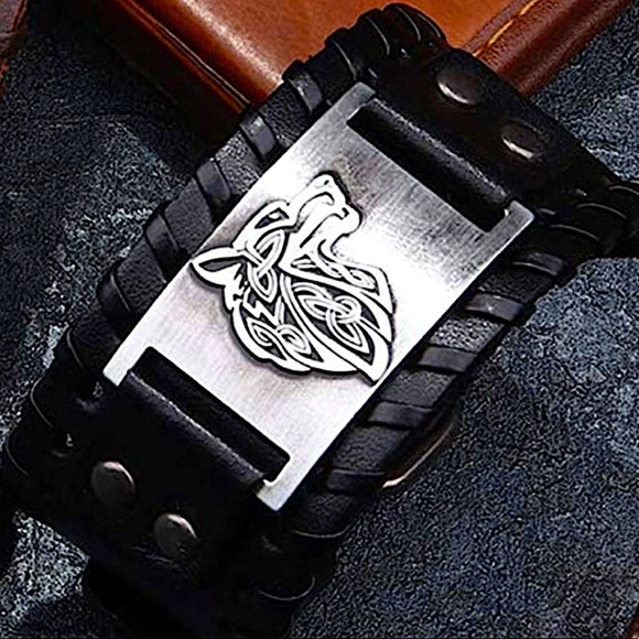 LEATHER WOLF HEAD VIKING STAINLESS STEEL BRACELET - Picture 2 of 8